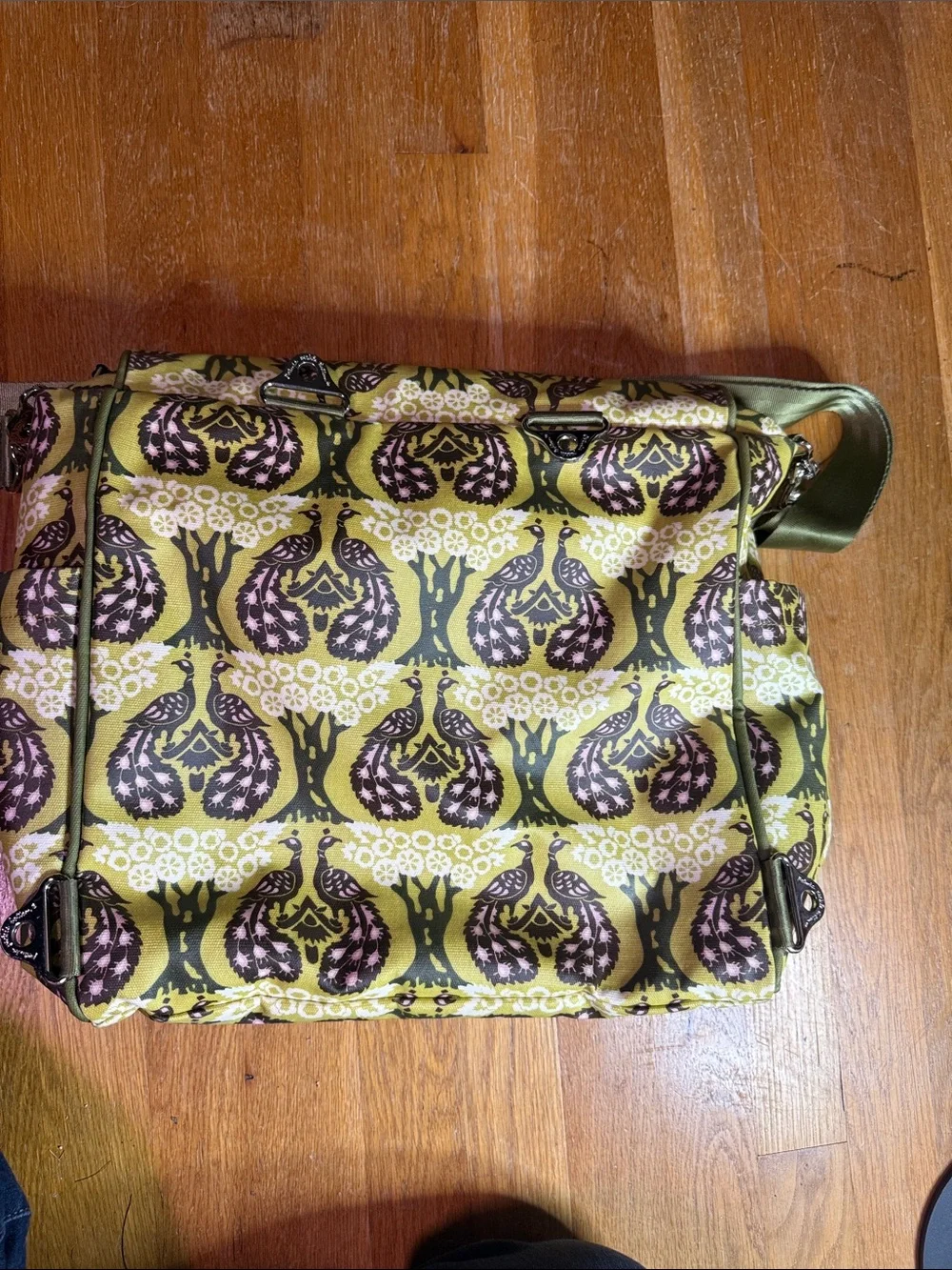 Petunia Pickle Bottom Olive Green Printed Messenger Bag with Pink Accents